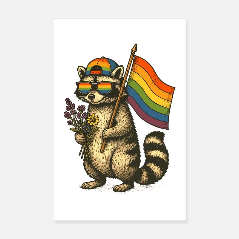 Waschbär Pride mit Regenbogenflagge Poster 20x30 cm