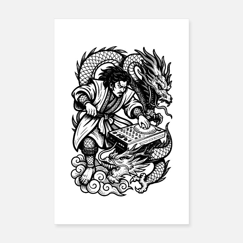 DJ Shirt: Samurai at the Techno Mixer with Dragon Poster 8" x 12" (20x30 cm)