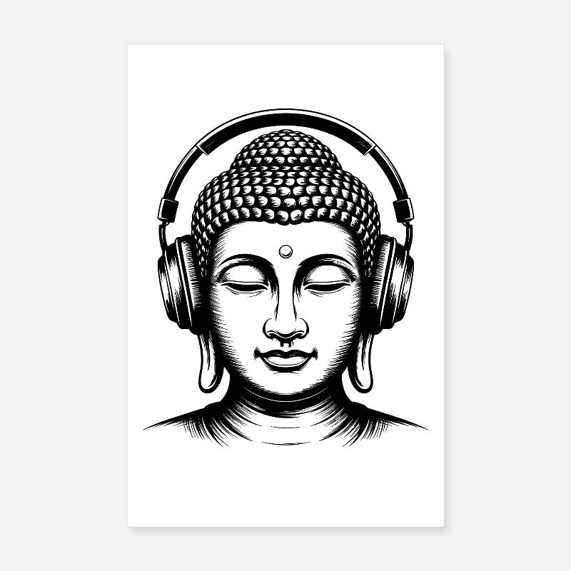 Bouddha avec casque Mindfulness Musique Boho Zen Poster 20 x 30 cm