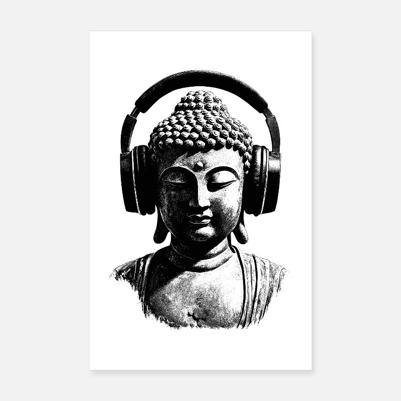 Bouddha avec casque Mindfulness Musique Boho Zen Poster 20 x 30 cm