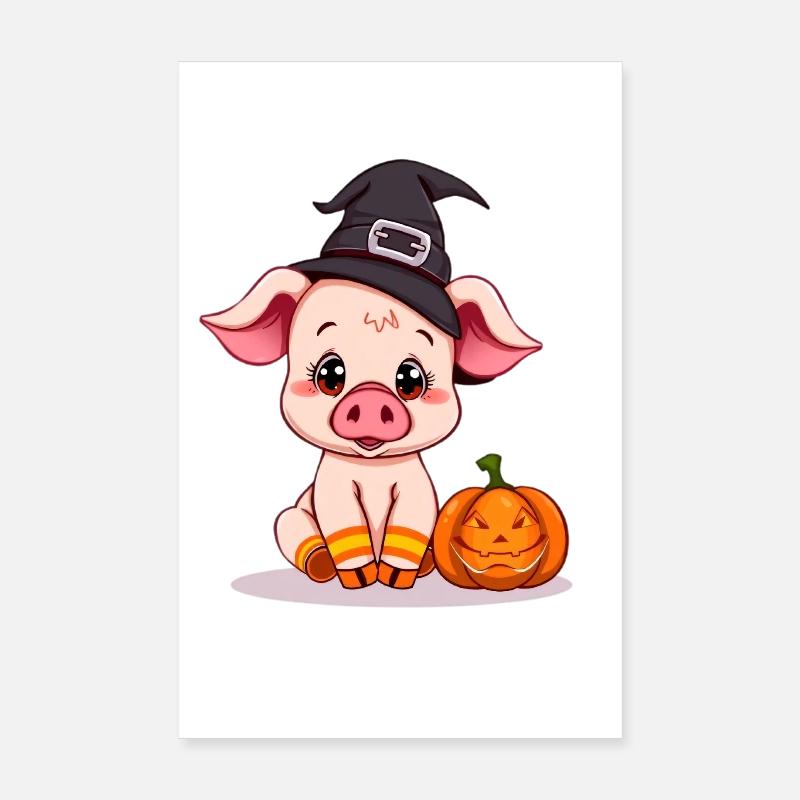 Mignonne sorcière d’Halloween avec cochon Poster 20 x 30 cm