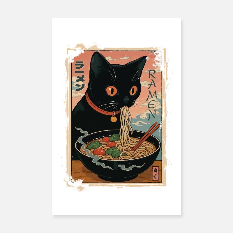 Chat noir dégustant ramen japonais Poster 20 x 30 cm
