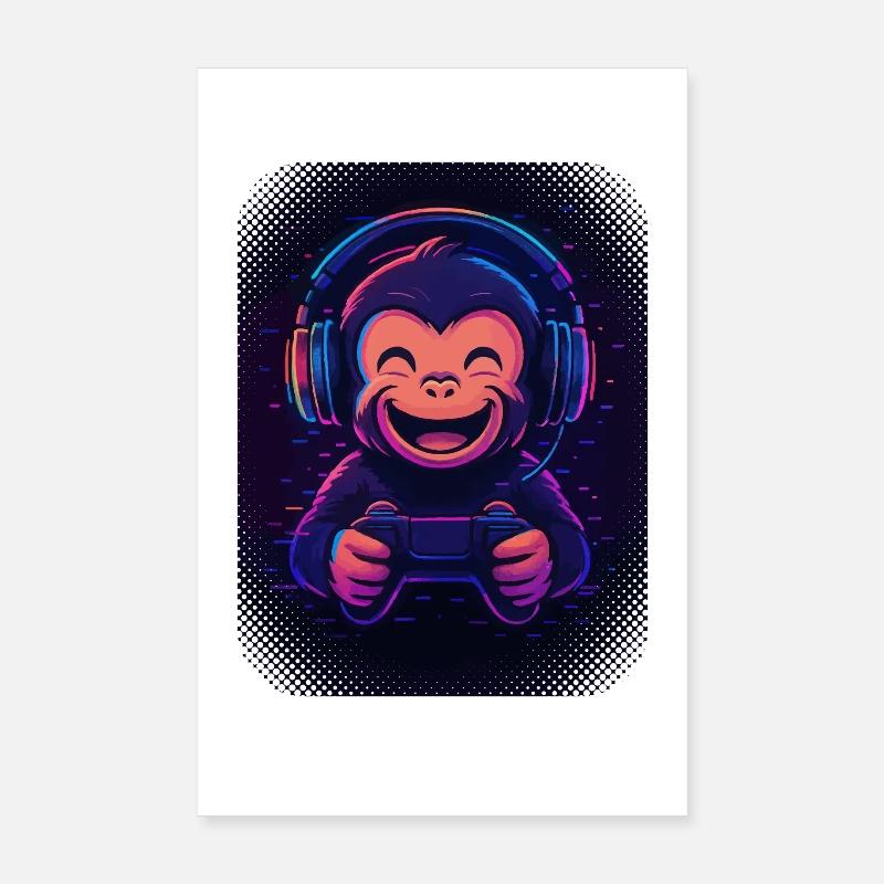 Cooler Affe mit Kopfhörern, Brille und Gamepad - Poster 20x30 cm - Weiß