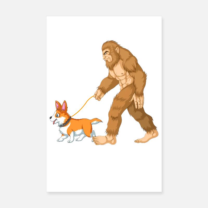 Bigfoot Walking a Corgi – Funny Cryptid Dog Design Poster 8" x 12" (20x30 cm)