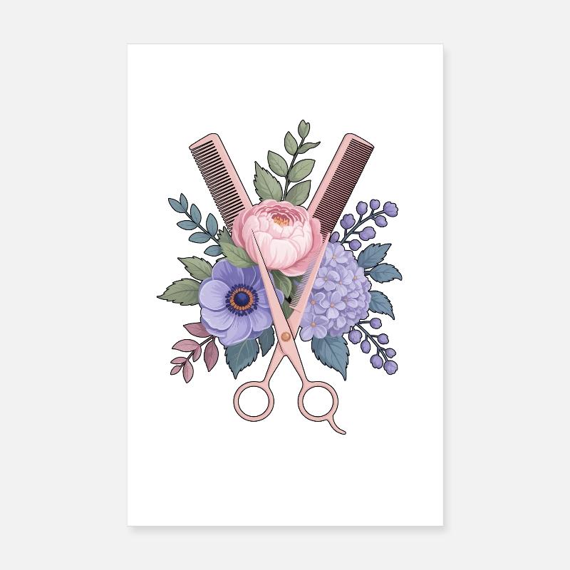 Coiffeur Ciseaux Peigne Fleurs Poster 20 x 30 cm