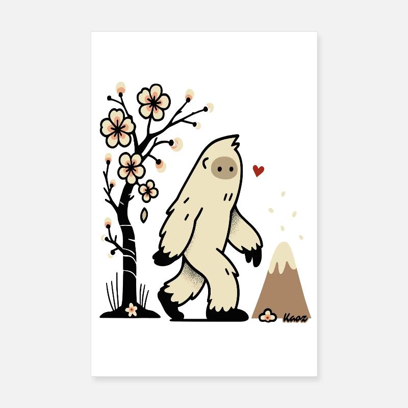 Mignon yéti avec des fleurs de cerisier et un volcan Poster 20 x 30 cm