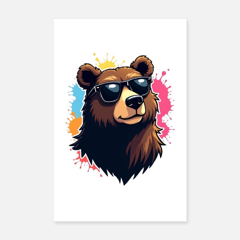 Ours avec lunettes de soleil et explosion de couleurs Poster 20 x 30 cm