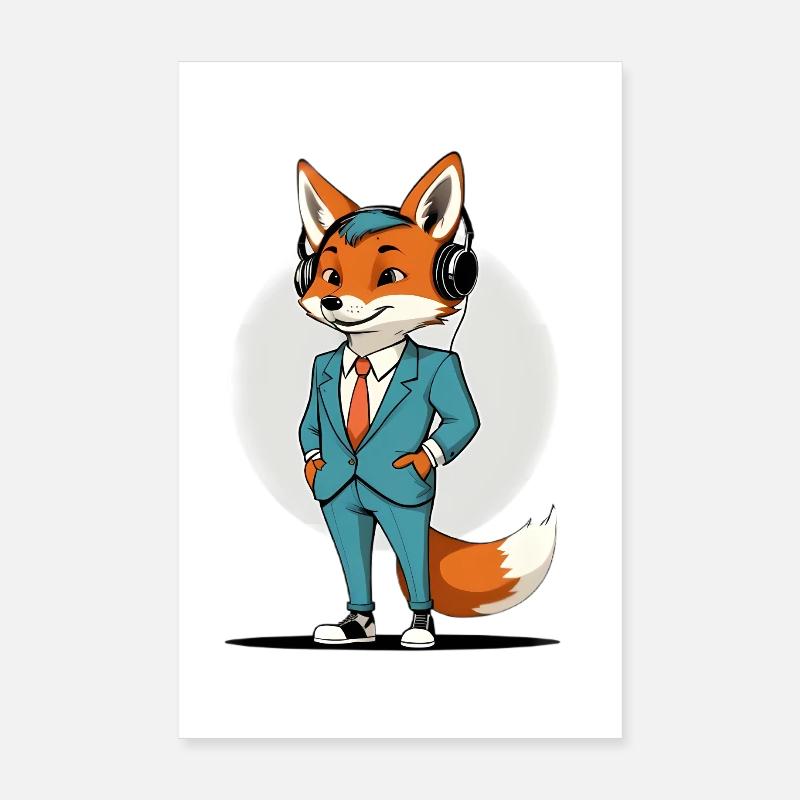 Fuchs im Anzug mit Kopfhörern Poster 20x30 cm