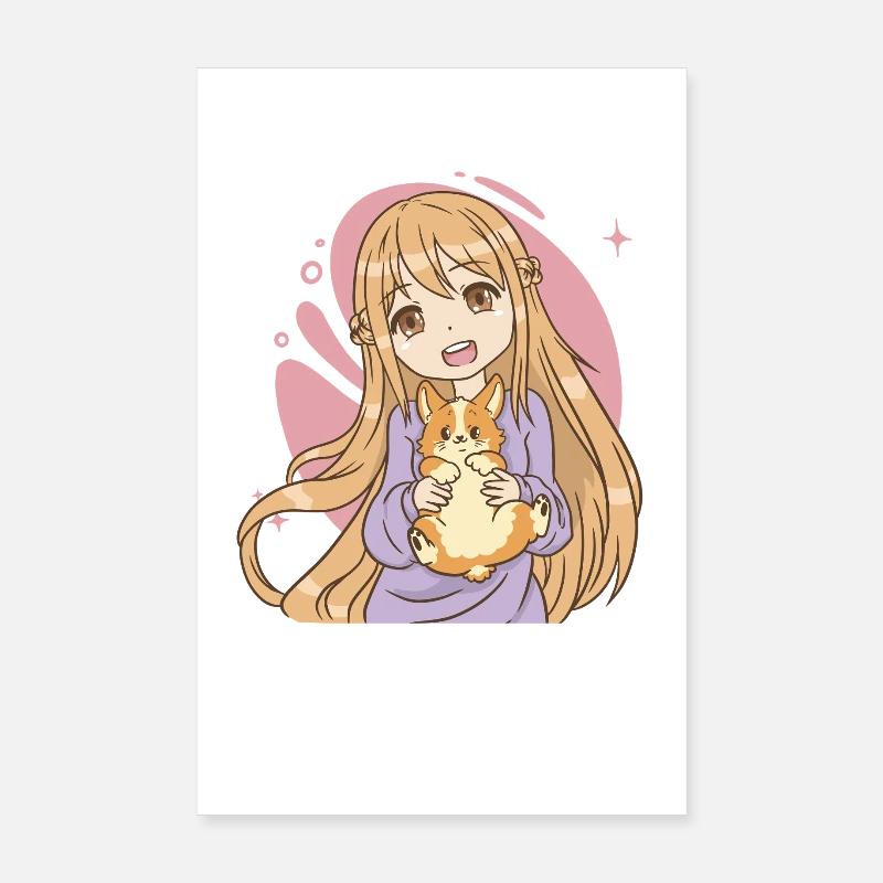 Süßes Anime-Mädchen mit Corgi-Welpen Poster 20x30 cm