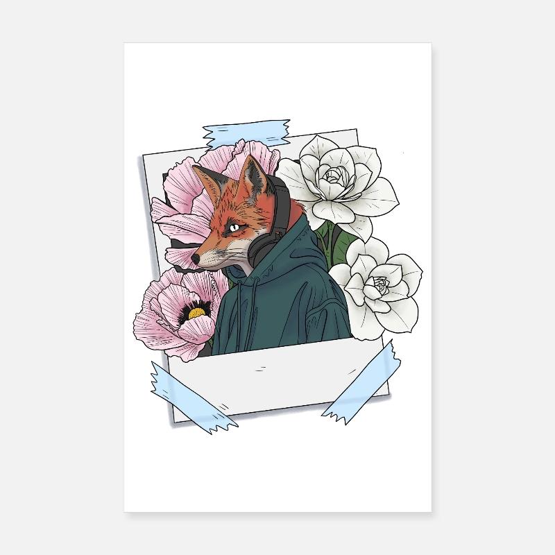 Fuchs mit Kopfhörern und Blumenthema Poster 20x30 cm