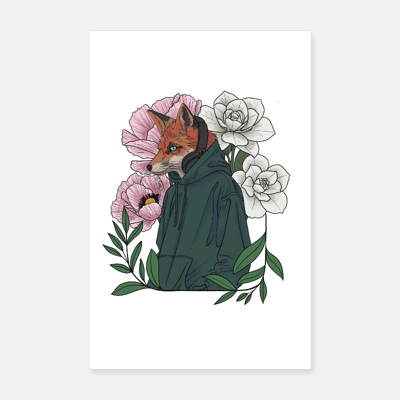 Fuchs mit Blumen und Hoodie - Poster 20x30 cm - Weiß