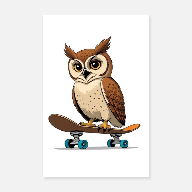 Eule auf Skateboard im Comic-Stil Poster 20x30 cm