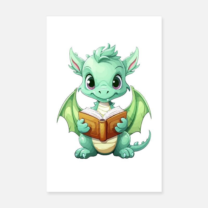 Kritzelnder Drache mit Buch - Poster 20x30 cm - Weiß