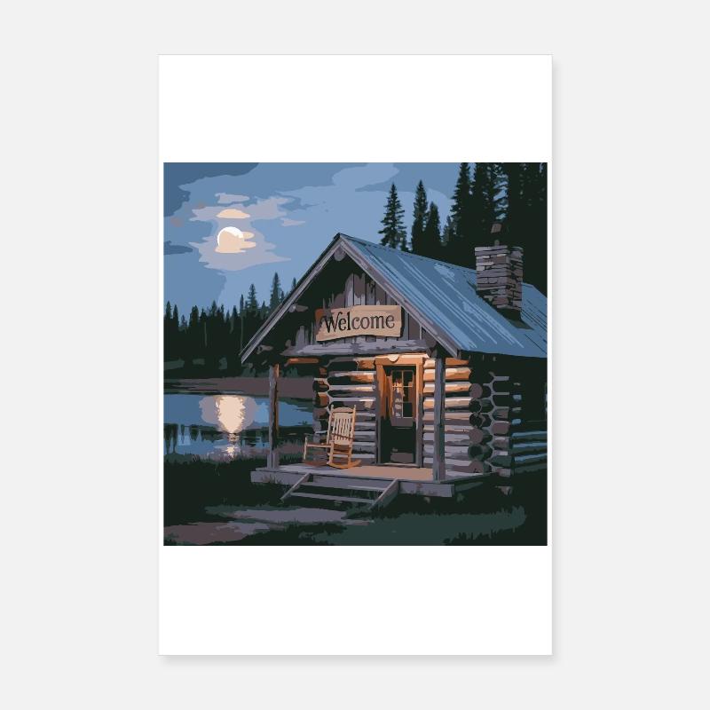 Scène nocturne de cabane de lac rustique Poster 20 x 30 cm