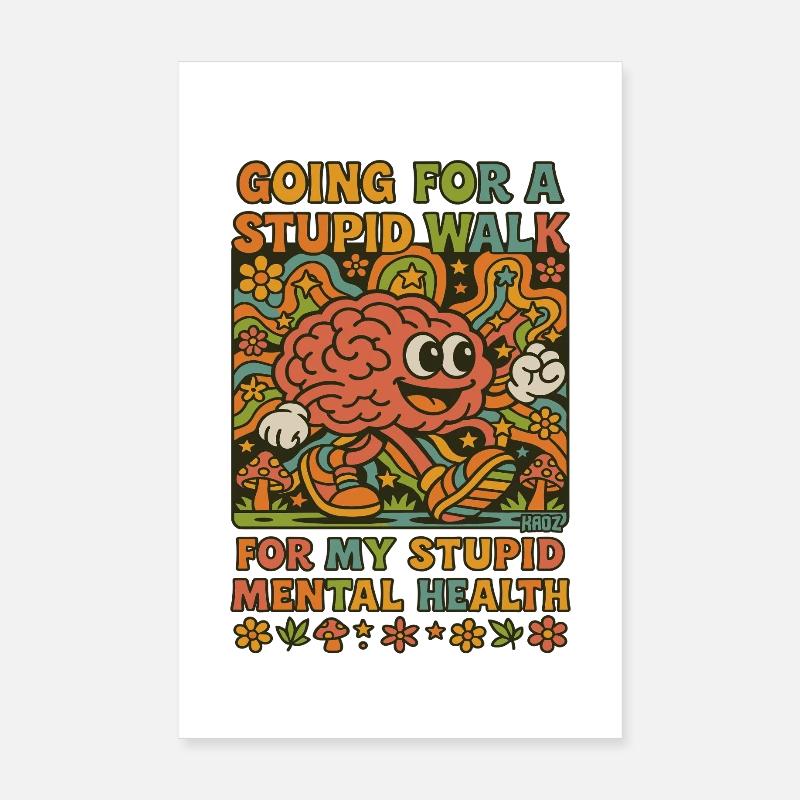 Stupid Walking Brain Retro Psychedelic  Poster 8" x 12" (20x30 cm)