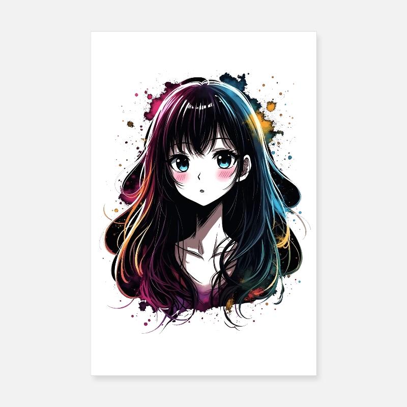 Anime Mädchen mit buntem Farbverlauf - Poster 20x30 cm - Weiß
