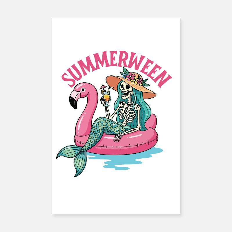Summerween Mermaid Skeleton Spooky Costume Poster 8" x 12" (20x30 cm)