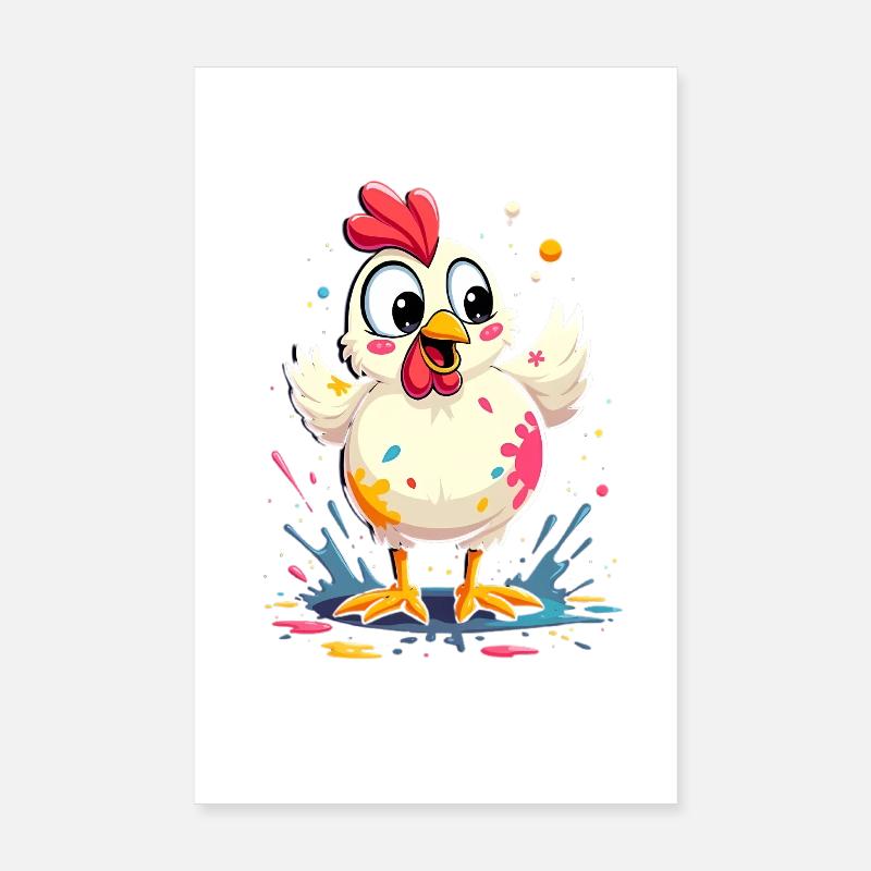 Poulet coloré mignon avec des éclaboussures de peinture Poster 20 x 30 cm