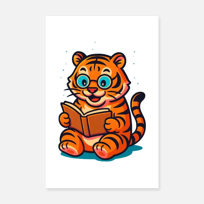 Verspielter Tiger mit Brille und Buch Poster 20x30 cm