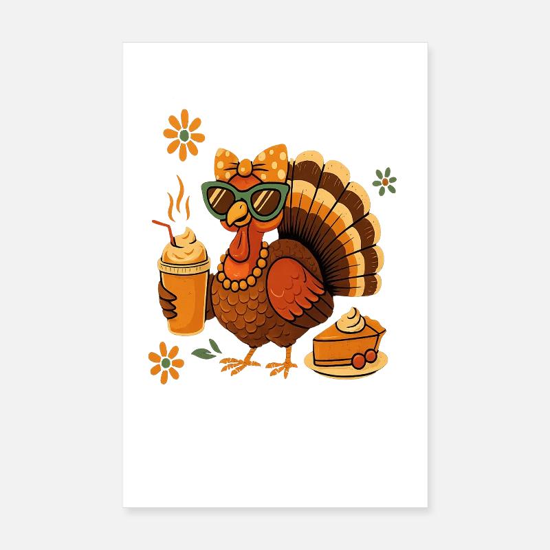Turkey Drinking Coffee Bow Thanksgiving Day Idea Poster 8" x 12" (20x30 cm)