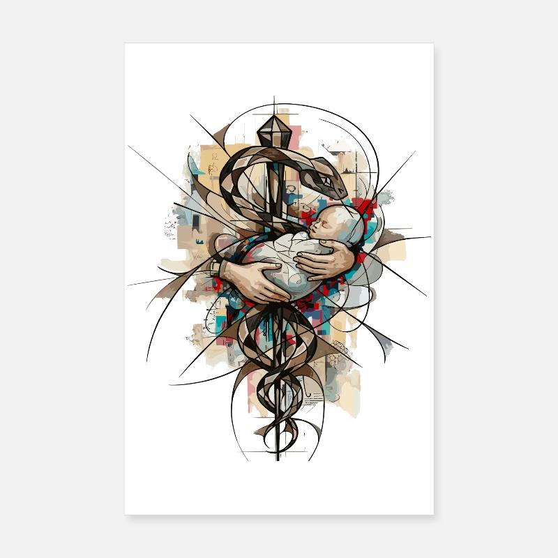 Hebamme – Abstrakte Äskulapstab mit Baby  Poster 20x30 cm