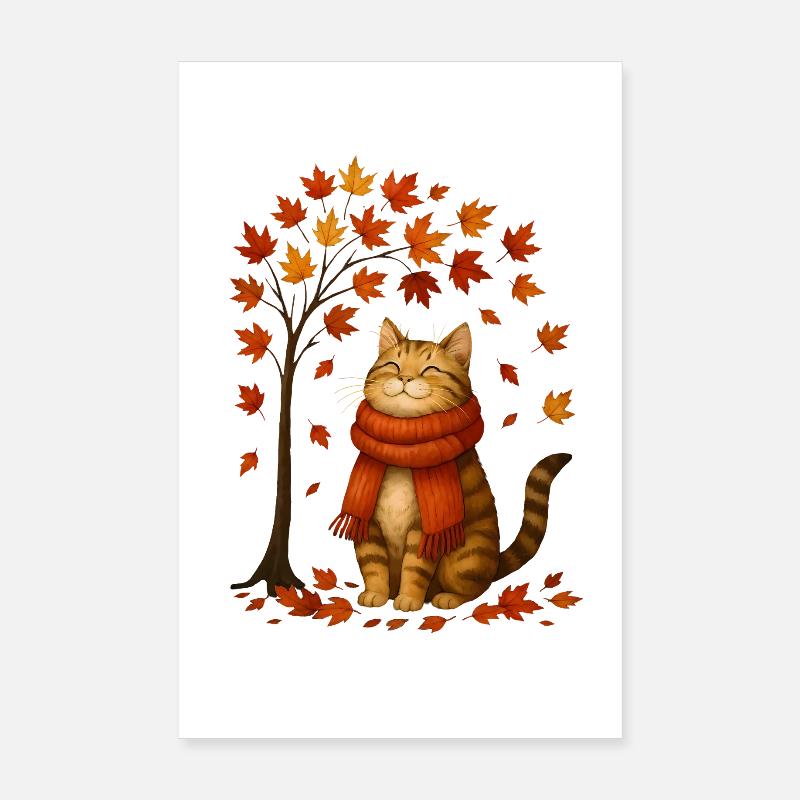 Chat d’automne avec écharpe rouge Poster 20 x 30 cm