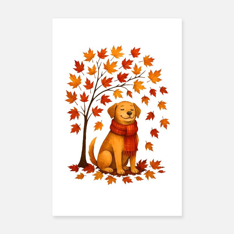 Herbst Hund mit Schal Design - Poster 20x30 cm - Weiß