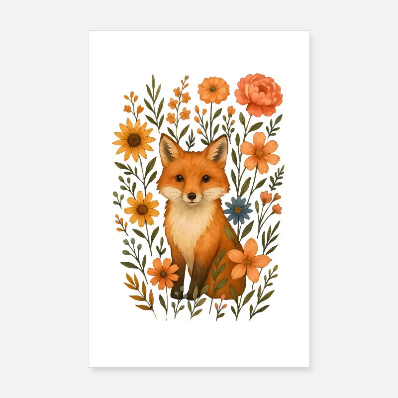 Fuchs mit Blumen Cottagecore Poster 20x30 cm