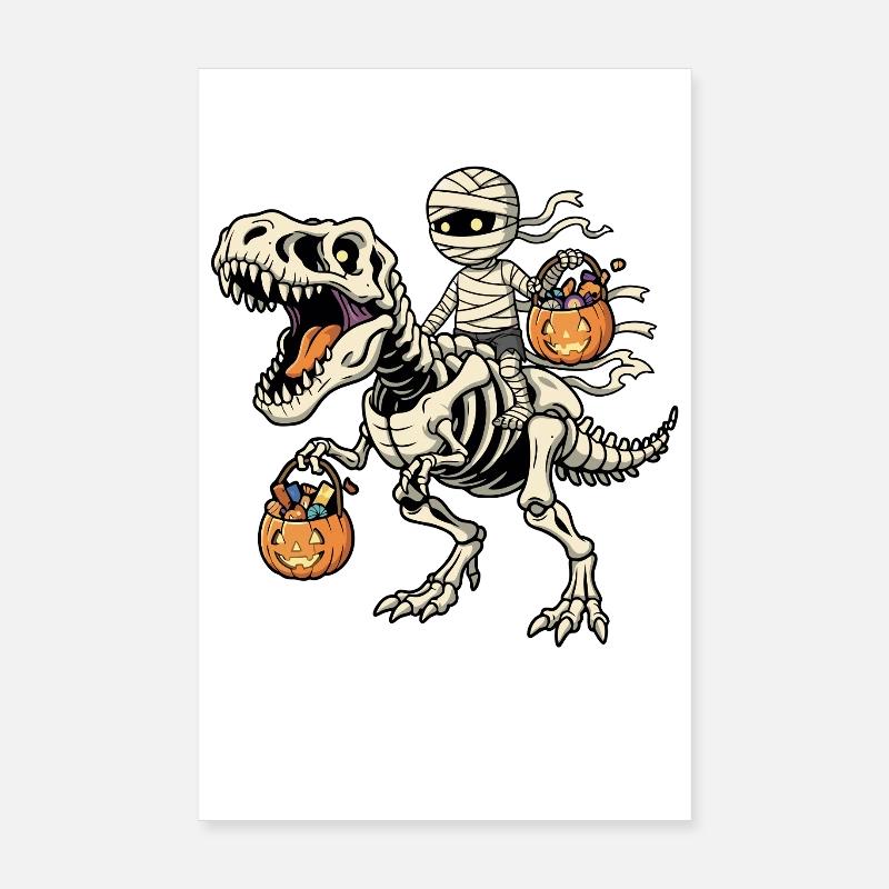Mummy Riding Skeleton T-Rex Halloween Dinosaur Poster 8" x 12" (20x30 cm)