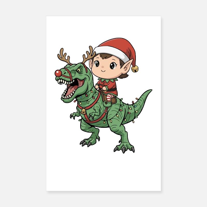 Junge Elf reitet T-Rex Lustiger Weihnachtsdinosaur - Poster 20x30 cm - Weiß