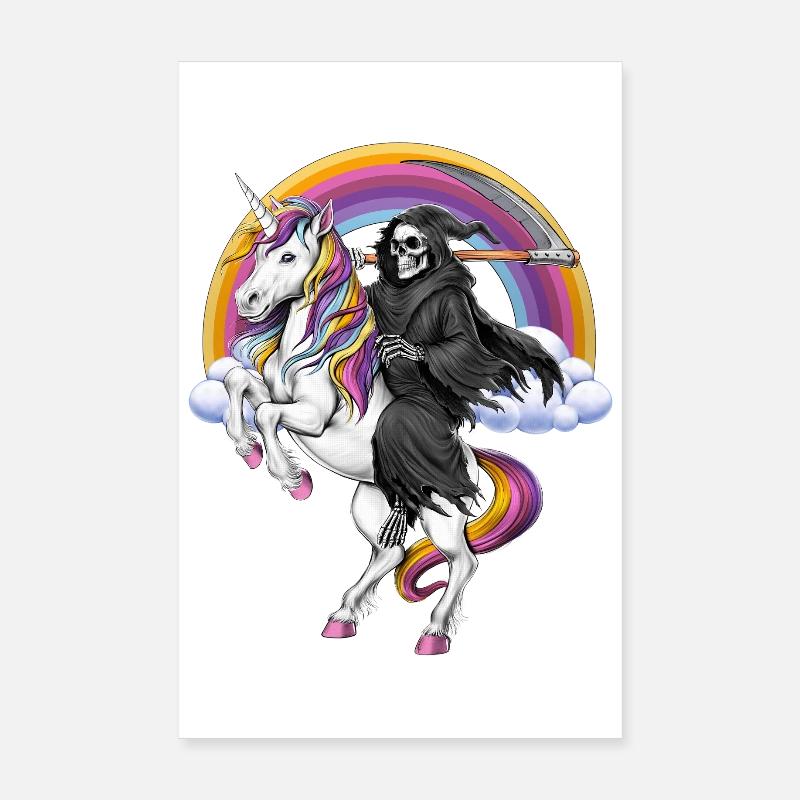 Sensenmann reitet Einhorn - Poster 20x30 cm - Weiß