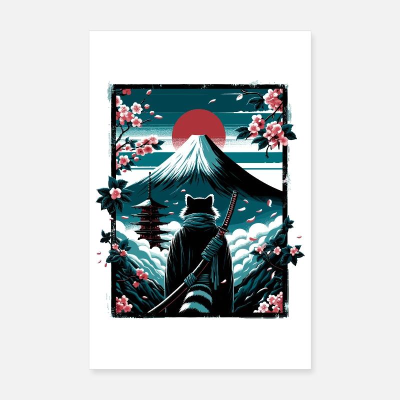 Katze mit Samurai Schwert vor Fuji - Poster 20x30 cm - Weiß