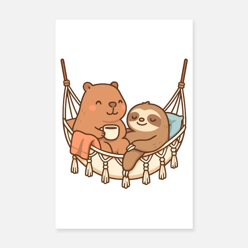 Capybara & Sloth – Cozy Friends in Hammock ☕ Poster 8" x 12" (20x30 cm)