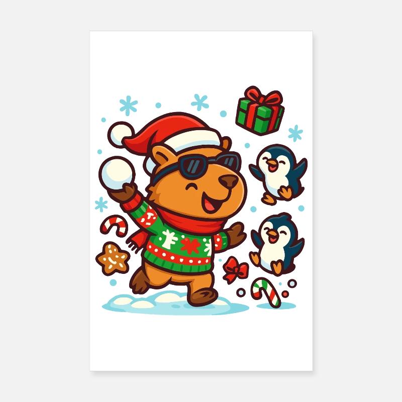 Fröhliches Capybara mit Pinguinen – Lustig Poster 20x30 cm