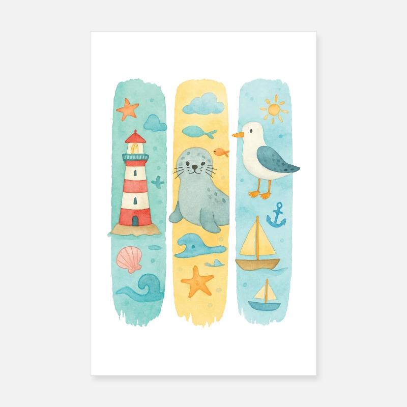 Maritim Leuchtturm Robbe Möwe Küste - Poster 20x30 cm - Weiß