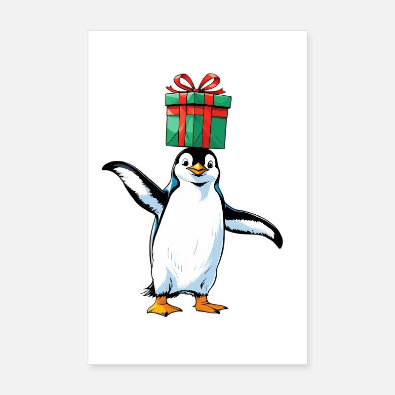 Pinguin mit Geschenk auf Kopf Poster 20x30 cm