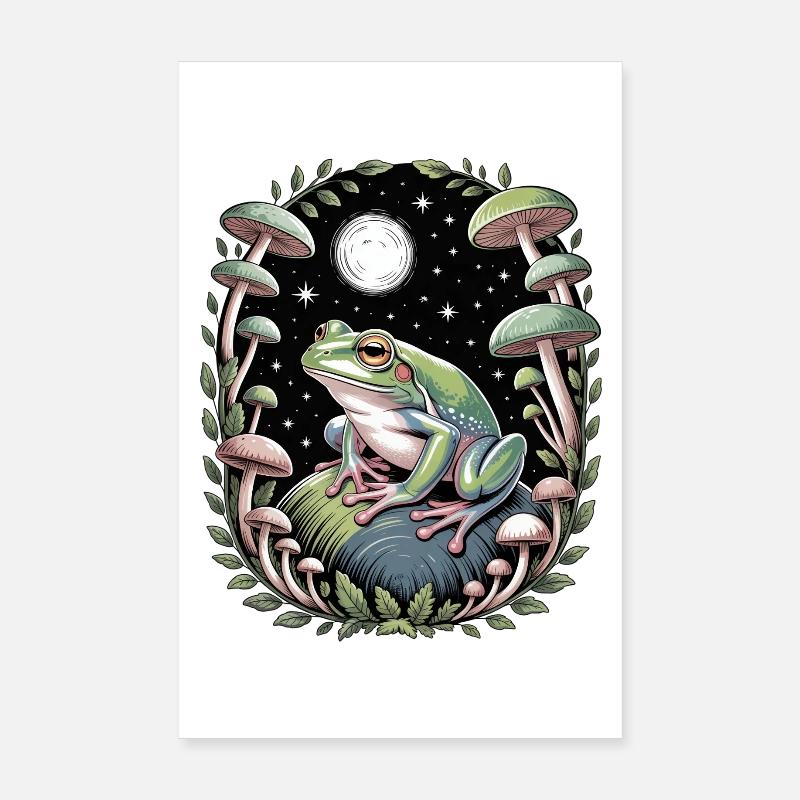 Grenouille au clair de lune avec champignons et étoiles Poster 20 x 30 cm