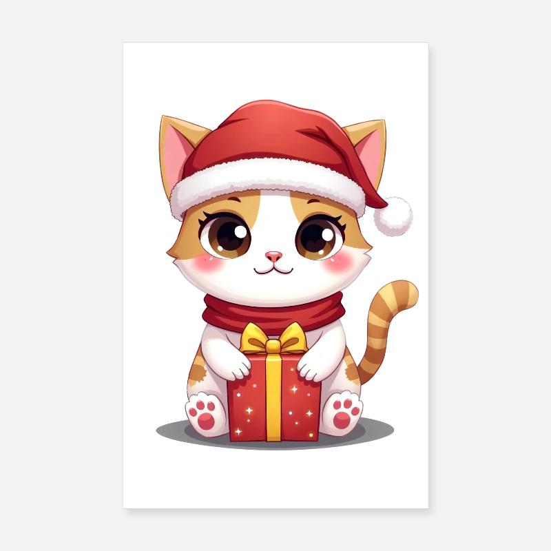 Chat mignon Noël avec cadeau Poster 20 x 30 cm
