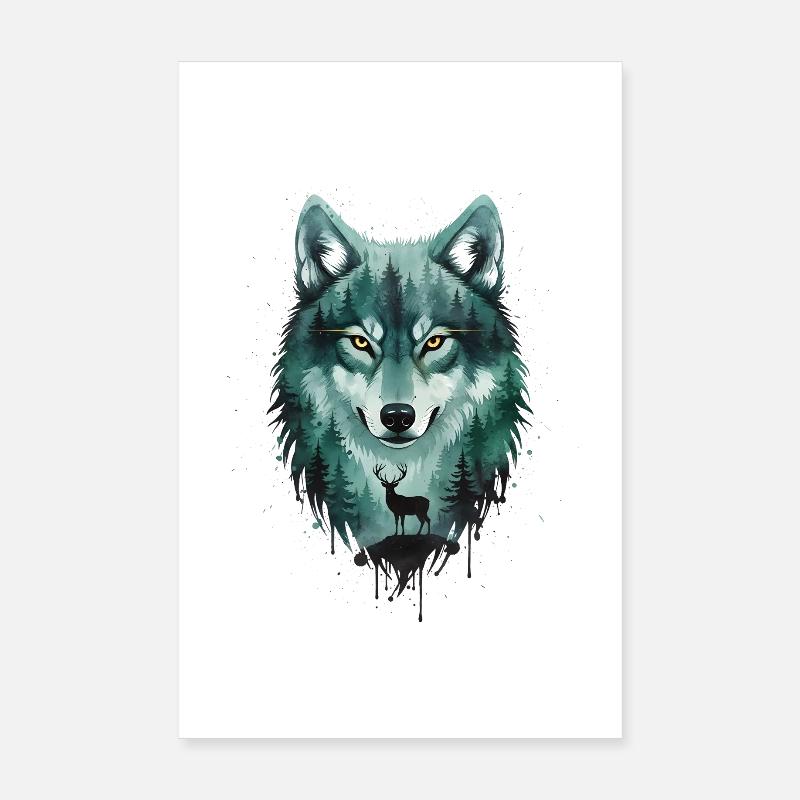 Wolf Forest Deer Double Exposure Street Art Poster 8" x 12" (20x30 cm)