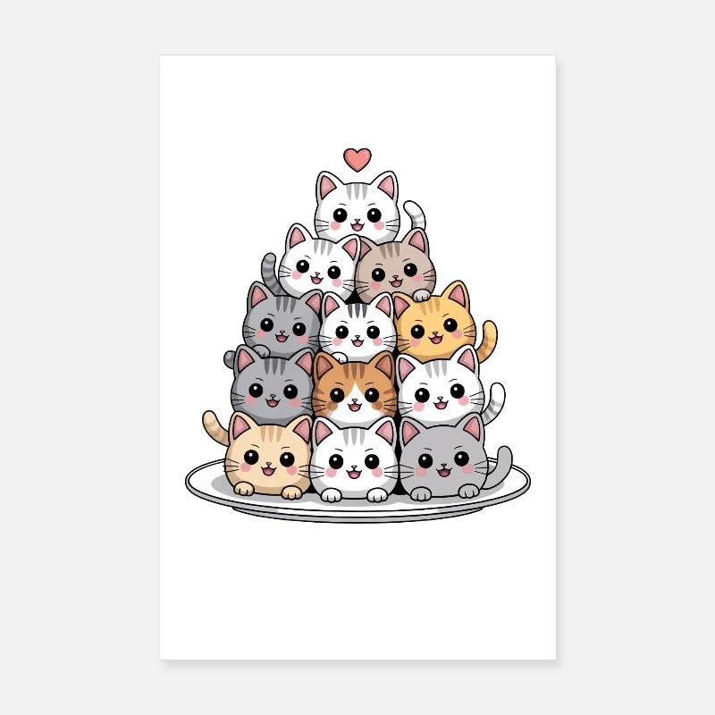 Chat mignon pile avec coeur dessin animé Poster 20 x 30 cm