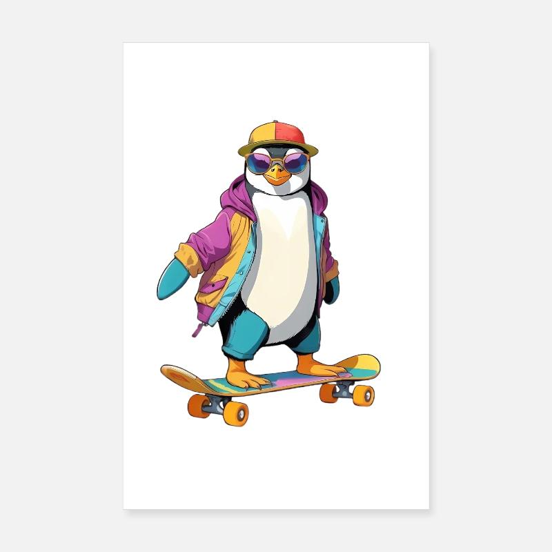 Pingouin Skateboard Look Neon Poster 20 x 30 cm