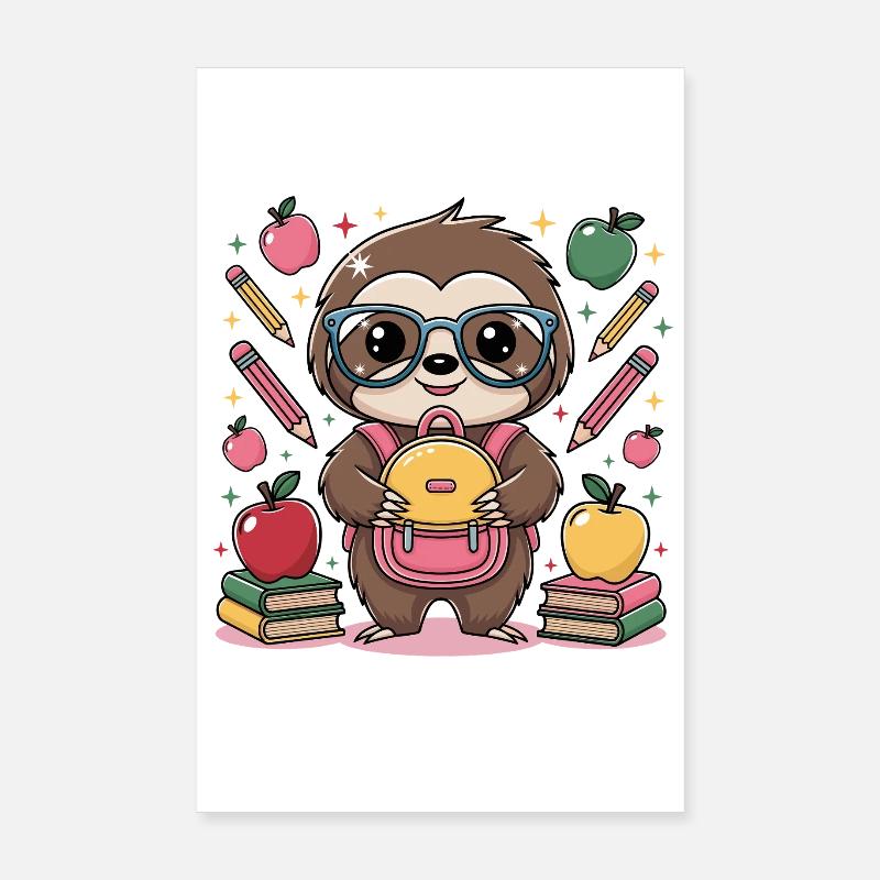 Cute sloth surrounded by backpack and glasses Poster 8" x 12" (20x30 cm)
