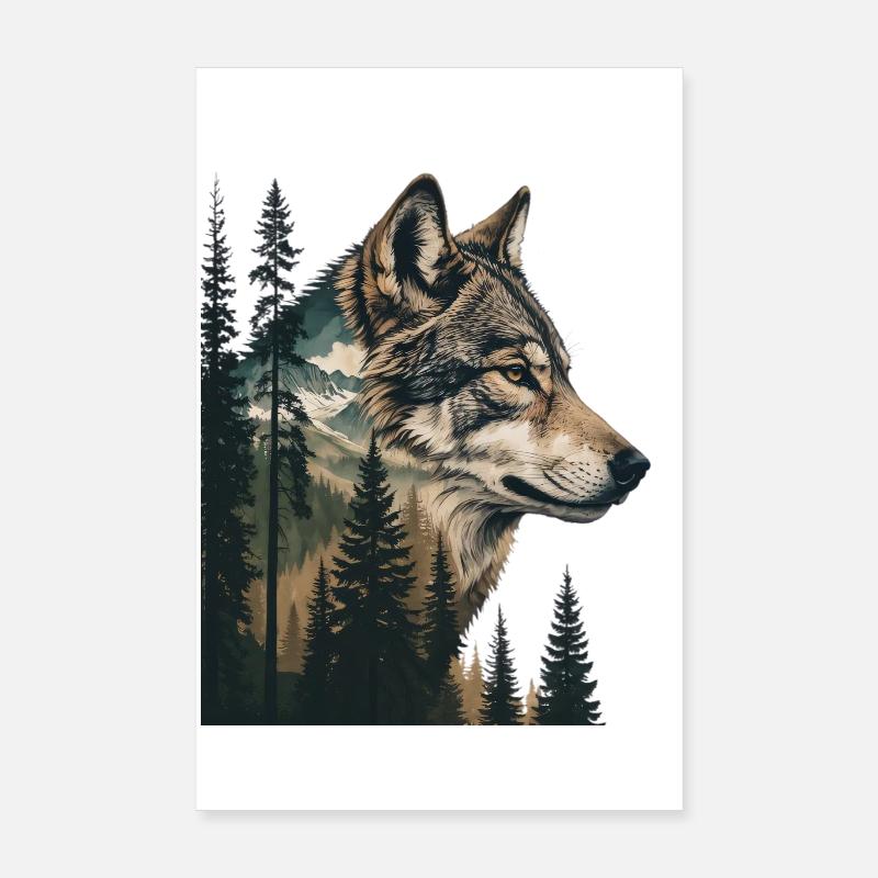 Waldwolf Portrait mit Bergen Poster 20x30 cm