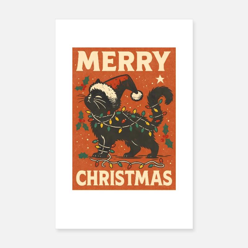 Frohe Weihnachten Katze mit Lichtern Poster 20x30 cm