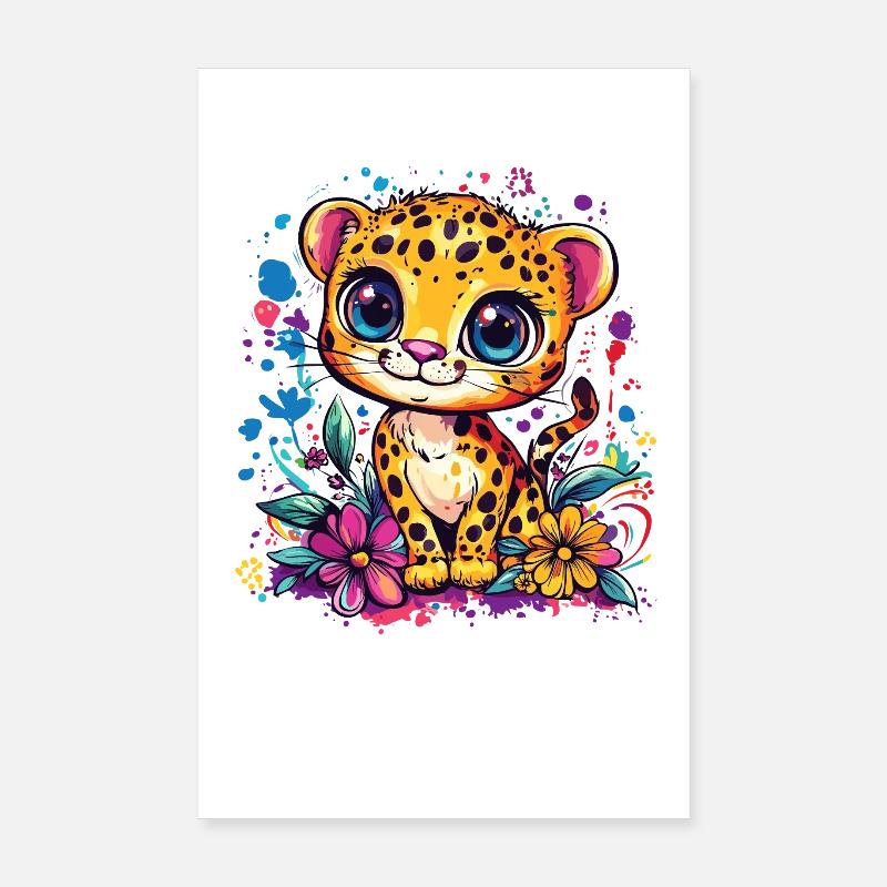 Bébé léopard coloré avec des fleurs Poster 20 x 30 cm