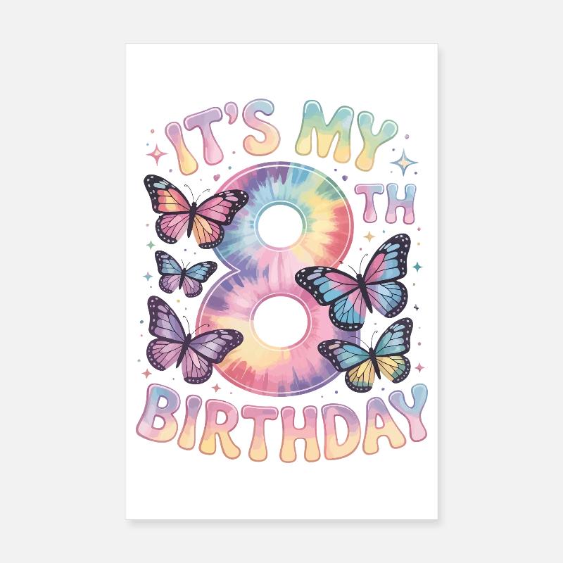 8. Geburtstag Regenbogen Schmetterling Deko Poster 20x30 cm