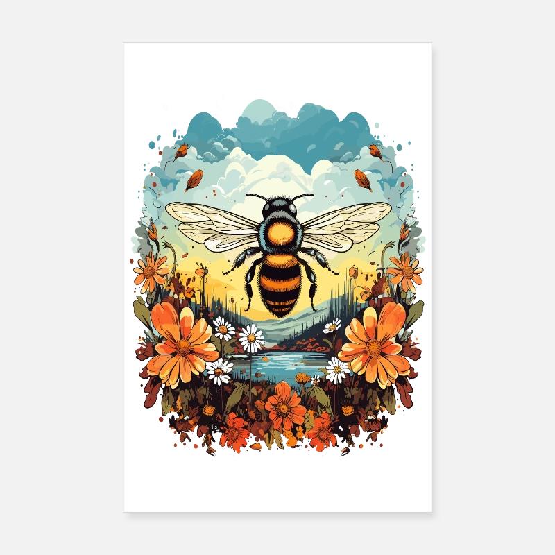 Lumière d’abeille sur prairie fleurie - Poster 20 x 30 cm - blanc