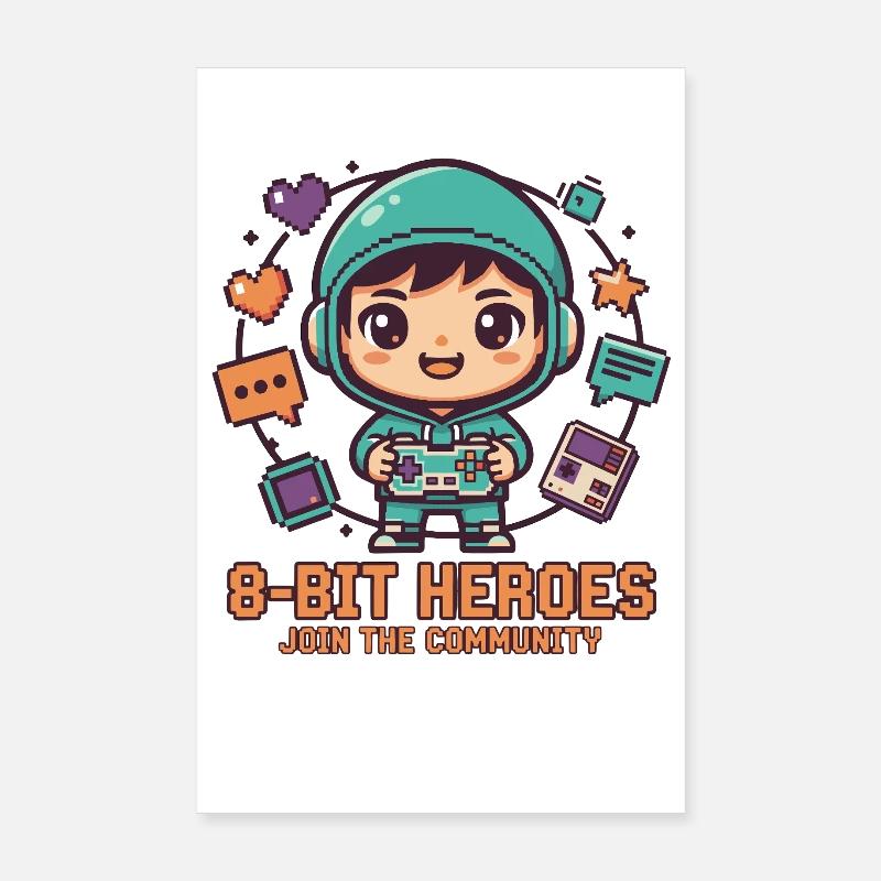 HÉROS 8 BITS | Jeux Rétro Chibi Communauté Pixel Poster 20 x 30 cm