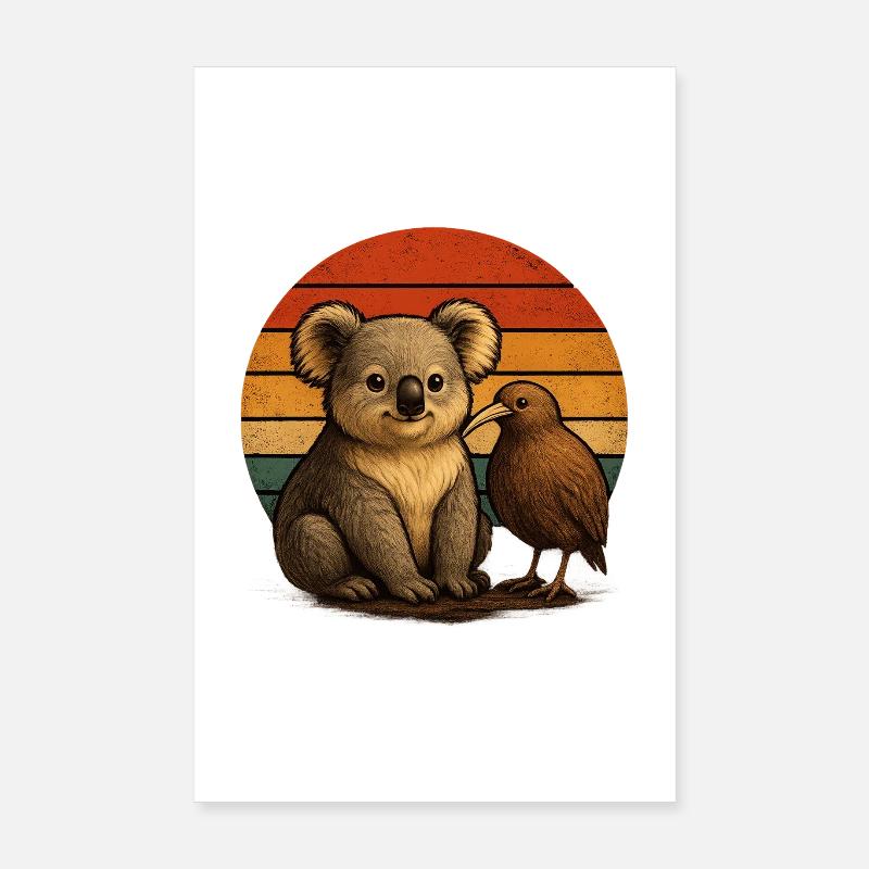 Koala Kiwi Retro Tierfreunde - Poster 20x30 cm - Weiß