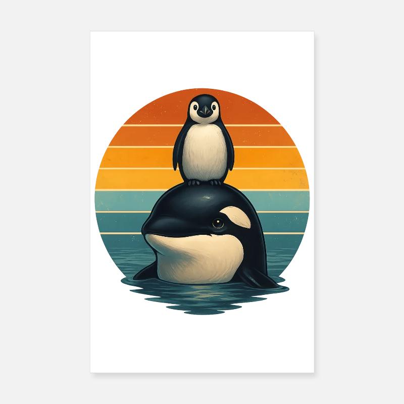 Orca Penguin Retro Animal Lovers Poster 8" x 12" (20x30 cm)